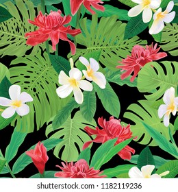 Seamless pattern of plumeria with red torch ginger flowers and tropical monstera leaves background. Vector set of exotic tropical garden for holiday invitations, greeting card and fashion design.