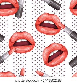 Seamless pattern of plump lips, luxurious lipstick and polka-dot. It's a pattern that looks feminine and bright. Pattern for fabric and wrapping paper, Pattern for design wallpaper and fashion prints.