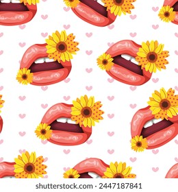 Seamless pattern of plump lips, sunflower and little heart. It's a pattern that looks feminine and bright. Pattern for fabric and wrapping paper, Pattern for design wallpaper and fashion prints.