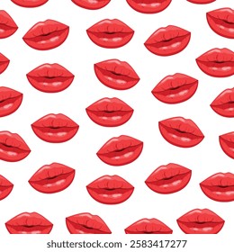 Seamless pattern with plump and sensual female lips in cartoon style. Vector illustration of sexy, seductive red female lips, mouth isolated on white background. Smiles.