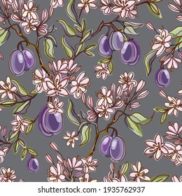 Patrón sin foco con frutos de ciruelas y flores, brotes, hojas. Rama florida con ciruelas. Los alimentos de verano se pueden utilizar para imprimir, empaquetar, papel pintado, banners, cubierta de menú. Ilustración vectorial de acciones
