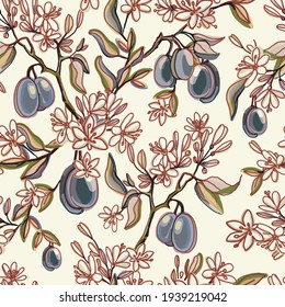 Patrón sin foco con frutos de ciruelas y flores, brotes, hojas. Rama de floración vintage con ciruelas. Ilustración vectorial aislada
