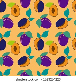 Seamless pattern with plums and green leaves on a yellow background. sliced plum. flesh plums. Vector background. Fresh fruits. Plum pattern. Plum vector