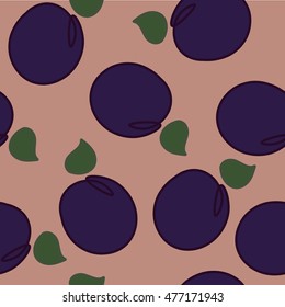 Seamless pattern with plums and green leaves on pastel background. Vector summer fruit illustration.