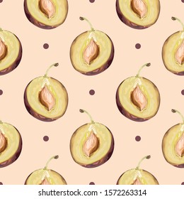 Seamless pattern with plums. Half a ripe plum with a stone. Wallpaper, print, wrapping paper, banner, poster, paper, textile design. Vector illustration.