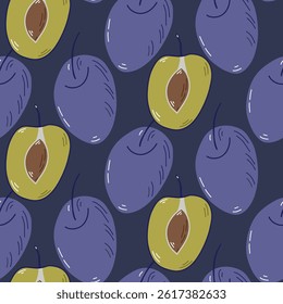 Seamless Pattern of Plums and Halved Fruits with a Dark Background. Pattern featuring whole and halved plums arranged on a contrasting dark background in a seamless design. The vivid yellowish 