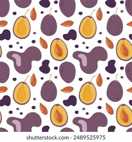 Seamless pattern with Plums and juice stains, ingredients for making desserts, sauces, jam. Flat vector Food template for menu, farmers market, packing, wallpaper. Repeated healthy nutrition print