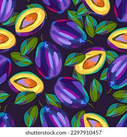 Seamless pattern with plums and leaves on a dark background. A whole plum and half a fruit with a stone. Colorful, bright pattern. Hand drawn, cartoon style. Vector illustration.