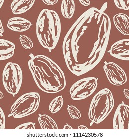 Seamless pattern with plums on brown background