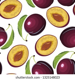 Seamless pattern with Plums on white background. Vector illustration of fruits and green leaves in cartoon simple flat style.