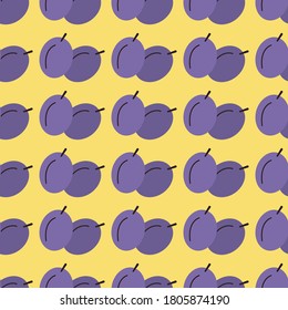 Seamless pattern of plums on yellow background.