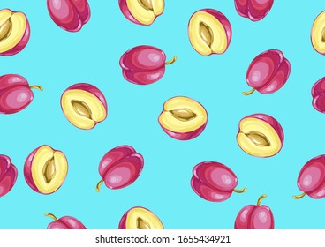 Seamless pattern with plums and slices. Summer fruit decorative illustration.