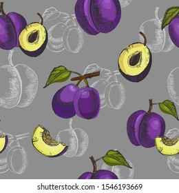 Seamless pattern with plums.Vintage ink hand drawn vector of different plums on the grey background.Great for fabrics, wallpaper, packaging.