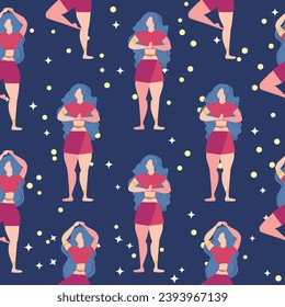 Seamless pattern Plus size curvy girls doing yoga class. Online home workout concept. Body positive. Attractive American woman.
