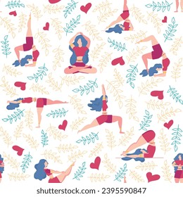 Seamless pattern Plus size curvy girls doing yoga class. Online home workout concept. Body positive. Attractive American woman.