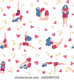 Seamless pattern Plus size curvy girls doing yoga class. Online home workout concept. Body positive. Attractive American woman.