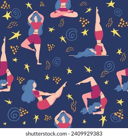 Seamless pattern Plus size curvy girls doing yoga class. Online home workout concept. Body positive. Attractive American woman.