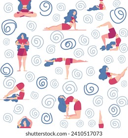 Seamless pattern Plus size curvy girls doing yoga class. Online home workout concept. Body positive. Attractive American woman.