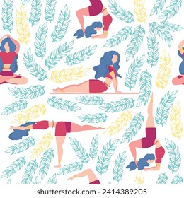 Seamless pattern Plus size curvy girls doing yoga class. Online home workout concept. Body positive. Attractive American woman.