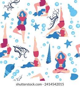 Seamless pattern Plus size curvy girls doing yoga class. Online home workout concept. Body positive. Attractive American woman.
