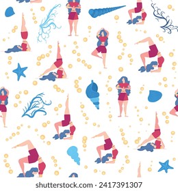 Seamless pattern Plus size curvy girls doing yoga class. Online home workout concept. Body positive. Attractive American woman.