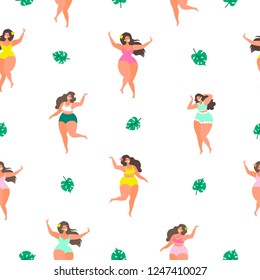 Seamless pattern with plus size girls and tropical leaves. Pattern for Wallpaper, textile, print, packaging and other.