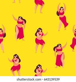 Seamless pattern of plus size Hawaiian women. Seamless background from Hawaiian dancers. Vector illustration.