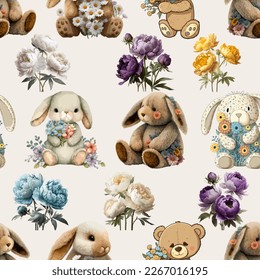 Seamless pattern of plush hares, bear. Flowers Peonies. Vector stock illustration eps10.