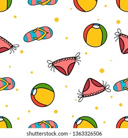 Seamless Pattern of Pocket beachball, bikini and flipflop hand drawn in cute colorfull doodle vector