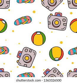 Seamless Pattern of Pocket Camera, beachball and flipflop hand drawn in cute colorfull doodle vector