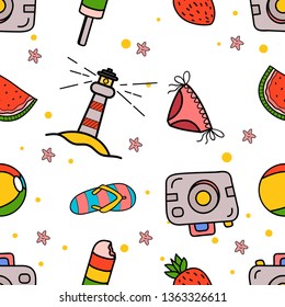 Seamless Pattern of pocket camera, Beachball, strawberry, bikini and flipflop hand drawn in cute colorfull doodle vector