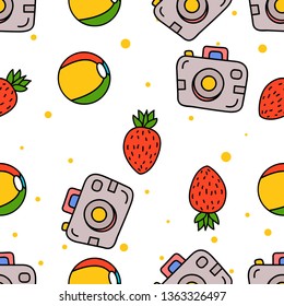 Seamless Pattern of Pocket Camera, strawberry and beachball hand drawn in cute colorfull doodle vector