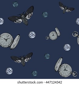 seamless pattern with a pocket watch, butterflies and buttons in blue