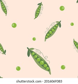 Seamless pattern of a pod of peas and peas on a beige background. For wallpaper, packaging, textiles, fabrics, websites, banners. Vector eps10