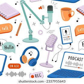 Seamless pattern with podcast concept. Repeating design element for printing on fabric. Microphone, headphones and laptop, cup with tea. Electronic industry. Cartoon flat vector illustration