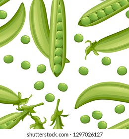 Seamless pattern. Pods of green peas with leaves. Set with whole and open peas in pods. Flat vector illustration on white background. Cartoon style vegetable.