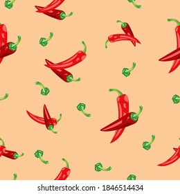 Seamless pattern of pods of red chili peppers. Vector illustration isolated on a pink background. Texture for fabrics, textiles, menus, packaging, website, etc.