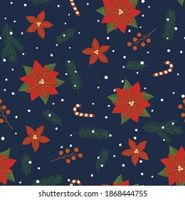 Seamless pattern with poinsettia, berries, caramel canes, sprigs of pine needles, snowflakes. Christmas and New Year design.