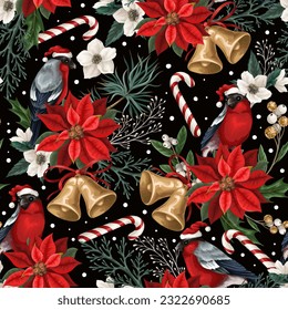 Seamless pattern with poinsettia, bullfinches, bells and white flowers. Vector
