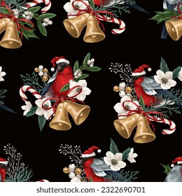 Seamless pattern with poinsettia, bullfinches, bells and white flowers. Vector