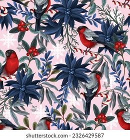 Seamless pattern with poinsettia, bullfinches and snowflakes. Vector