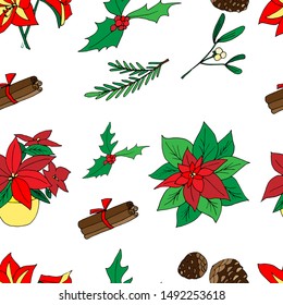 Seamless pattern poinsettia Christmas star, mistletoe, hippeastrum, holly ostrich On white background. For textile, packaging, box, cardboard, packaging paper. 
Cartoon style. Vector