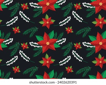 Seamless pattern with poinsettia, fir branch, Christmas flower, floral composition for Christmas. Vector illustration on a black background with white berries, for posters, wrapping paper, textiles