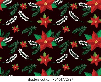 Seamless pattern with poinsettia, fir branch, Christmas flower, Christmas floral arrangement. Vector illustration on a burgundy background with white berries, for posters, wrapping paper, textiles