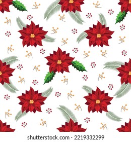 Seamless Pattern Of Poinsettia Flower With Fir Leaves And Berries On White Background.