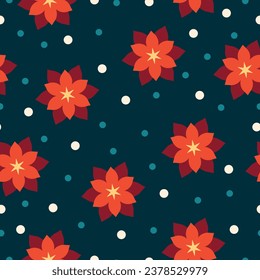 Seamless pattern with poinsettia flowers and berries. Simple geometric shapes