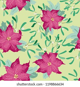 Seamless pattern in poinsettia, mistletoe