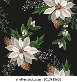 Seamless pattern with poinsettia, pines and hollyberries. Christmas background