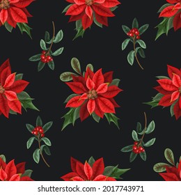 Seamless pattern with poinsettia, pines and hollyberries. Christmas background