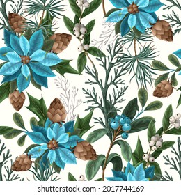 Seamless pattern with poinsettia, pines and hollyberries. Christmas background.